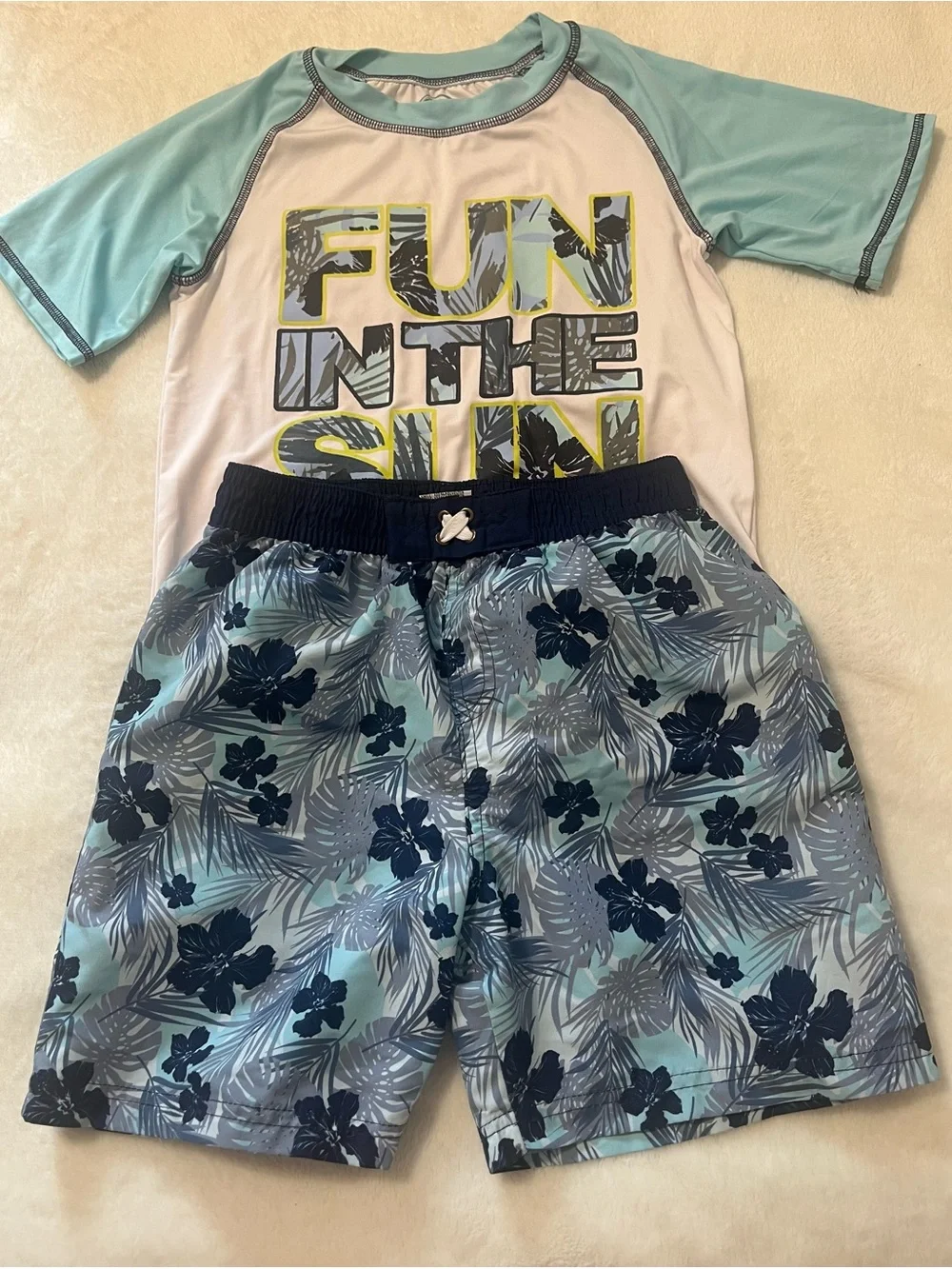 Boy’s Swim Set - Light Blue Rash Guard & Floral Swim Trunks